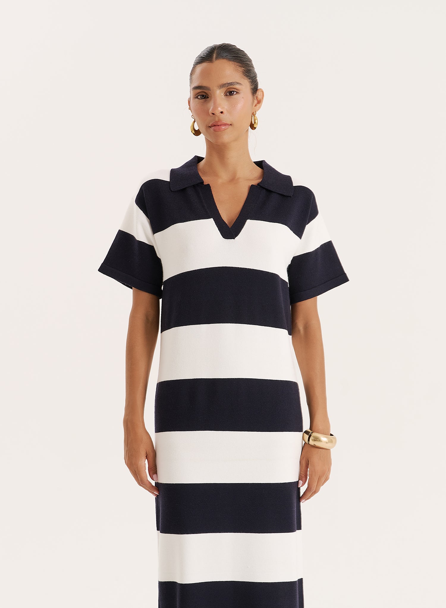 Black And White Stripe Knitted Rugby Maxi Dress